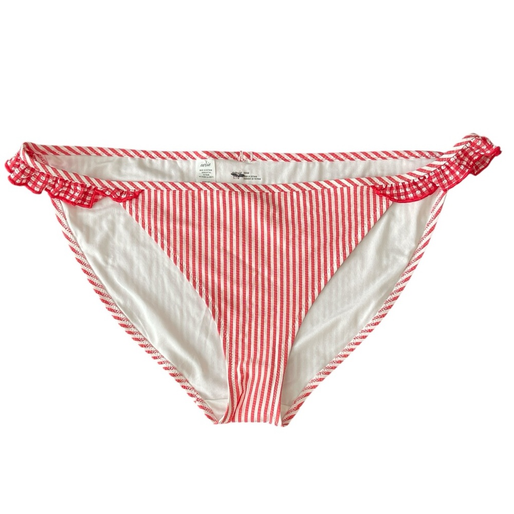 NWoT Aerie Swim Red/White Ruffle Striped BikiniBottom Hipster Seersucker